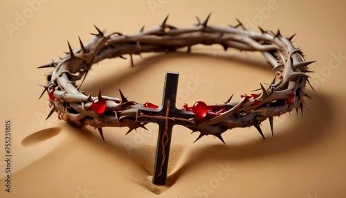 Crown of thorns with drops of Jesus' blood on the background of a wooden cross on a sandy background with copy space. crown of thorns true crown of Jesus created with generative ai