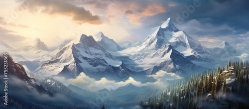 An art piece depicting a natural landscape with snowy mountain range, trees in the foreground, clouds in the sky, and cumulus formations in the horizon