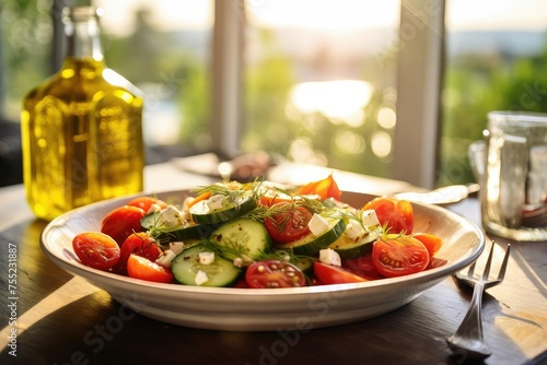 Food on a plate salad with tomatoes, cucumbers, feta cheese, and olive oil