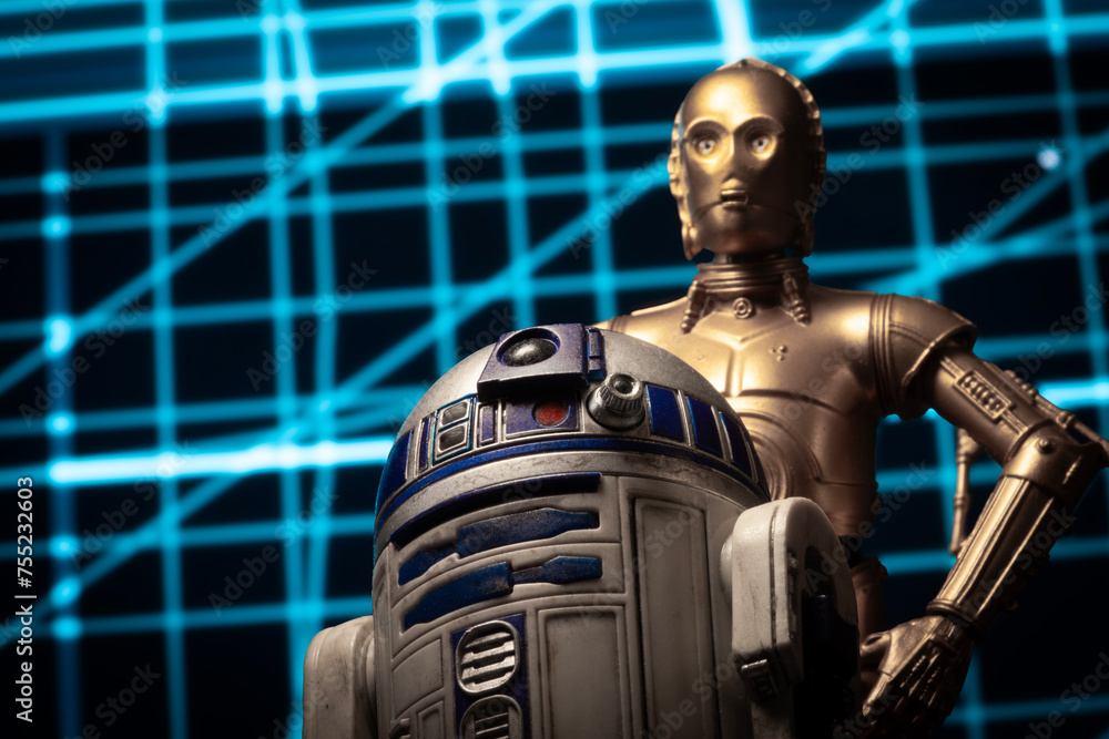 Naklejka premium NEW YORK USA, MAR 10 2024: Star Wars astromech droid R2-D2 and protocol droid C-3P0 - Hasbro action figure