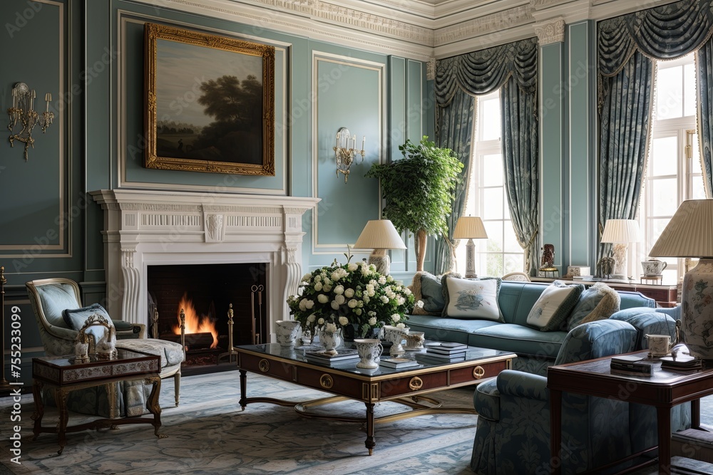 Fototapeta premium Sophisticated Palette: Stately Federal Style Living Room Decors