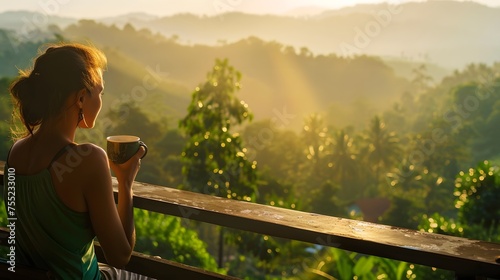 peple with cup of coffee tea enjoying the view from the balcony on tea plantation jungle at India Kerala Goa wildernest nature spa resort
 photo