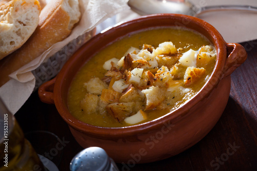 Vegetable soup with croutons and cheese. High quality photo