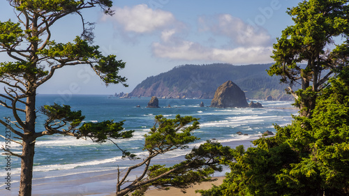 Scenic pacific coast with Haystack rock in Oregon, USA.