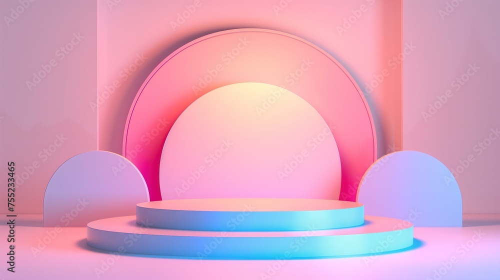 Pastel Dream: 3D Render of an Empty Vacant Stage Platform in Pink, Purple, and Blue Pastel Dream: 3D Render of an Empty Vacant Stage Platform in Pink, Purple, and Blue
