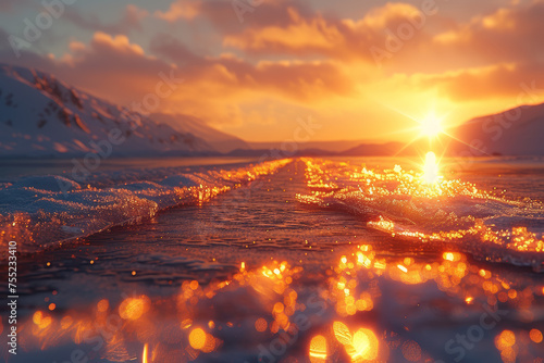 The sun casting warm rays onto a frozen lake, creating a surreal tableau of heat meeting cold. Concept of solar embrace. Generative Ai.