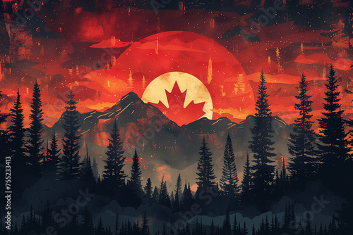 stylized depiction of the Canadian flag with elements of nature integrated into its design photo