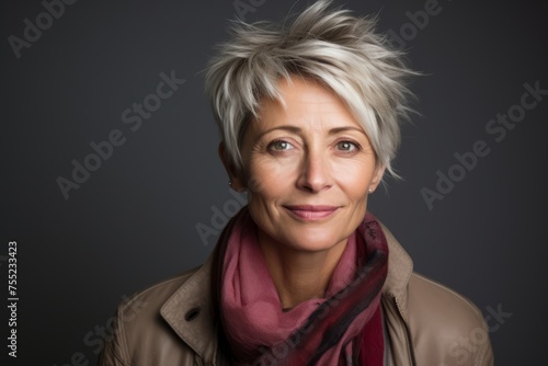 Portrait of a beautiful middle aged woman with short blonde hair.
