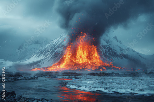 Volcanic geysers erupting in a land of eternal ice, manifesting the primal energy and tension between opposing elements. Concept of geological eruption. Generative Ai.