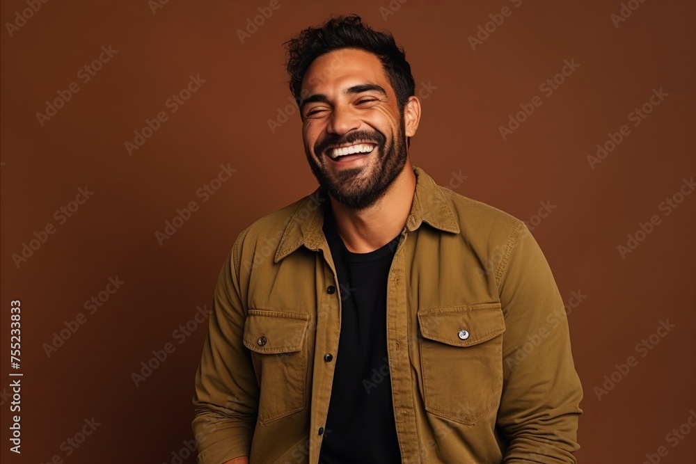 Portrait of a handsome young indian man laughing against brown background Portrait of a handsome young indian man laughing against brown background