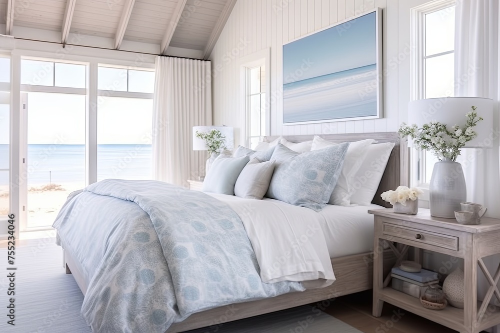 Fototapeta premium Tranquil Beach House Bedroom Decor: Cool Color Palette & Cozy Bedding Delight