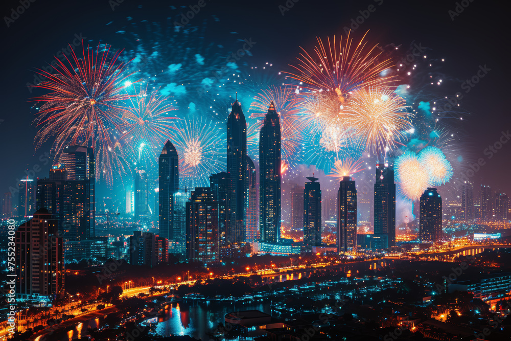 A black and white skyline illuminated by fireworks, capturing the joyous transition into a celebration of light and color. Concept of festive exuberance. Generative Ai.