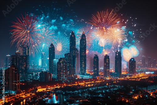 A black and white skyline illuminated by fireworks, capturing the joyous transition into a celebration of light and color. Concept of festive exuberance. Generative Ai.