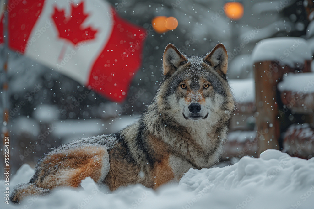 wolf laying in the snow with a canadian flag in the background