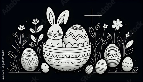 Happy easter poster banner, minimal line drawing illustration concept with a black background created with generative ai © Chaudhry