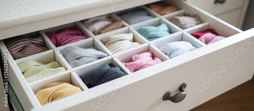 A white wooden chest of drawers with an open drawer revealing a colorful array of yarn balls in various sizes and shades. The drawer is neatly organized with balls of yarn filling the space, creating