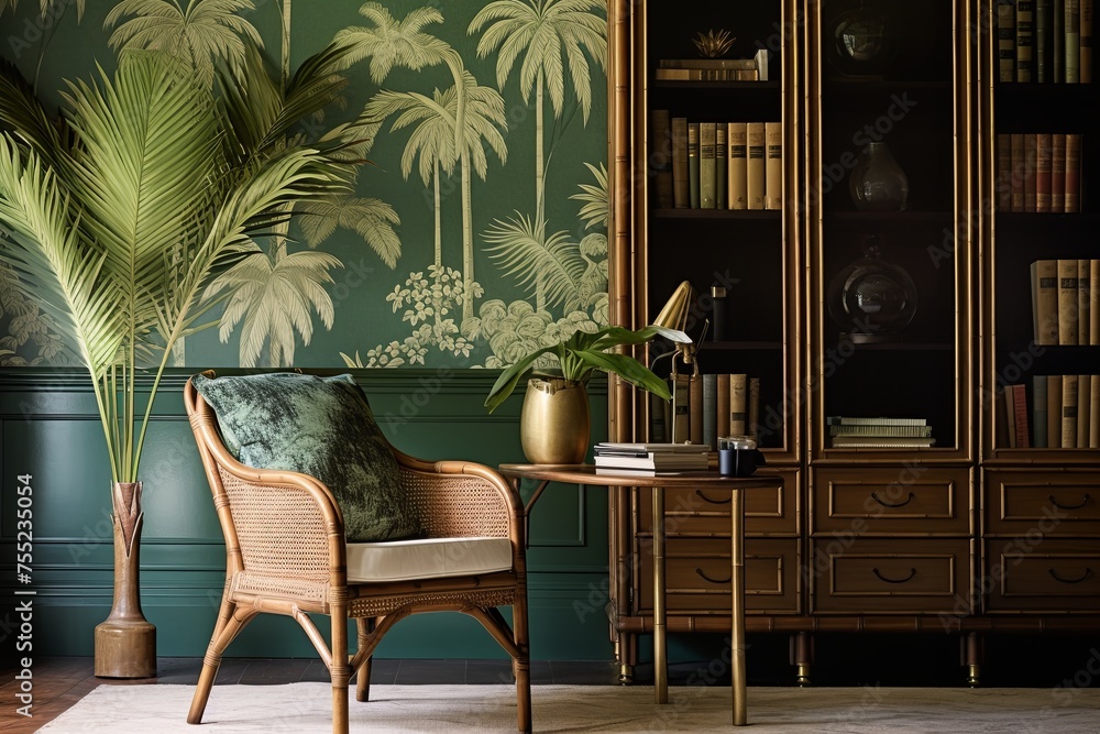 Fototapeta premium Palm Tree Wallpaper: Tropical Oasis Study Room Decor with Bamboo Furniture