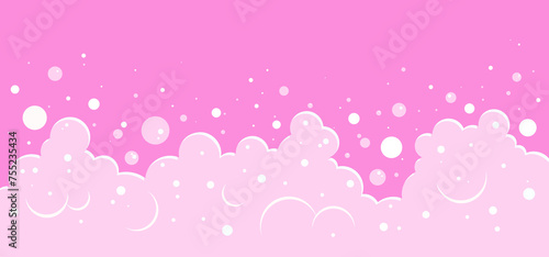 Bubble pink, baby bath, shampoo foam pattern, soap frame, fizz background, soft carbonated drink, cartoon gum. Washing vector illustration