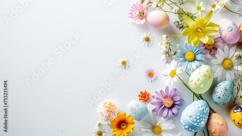 Happy Easter greeting card with copy space for congratulations. Painted eggs  flowers  top view. 