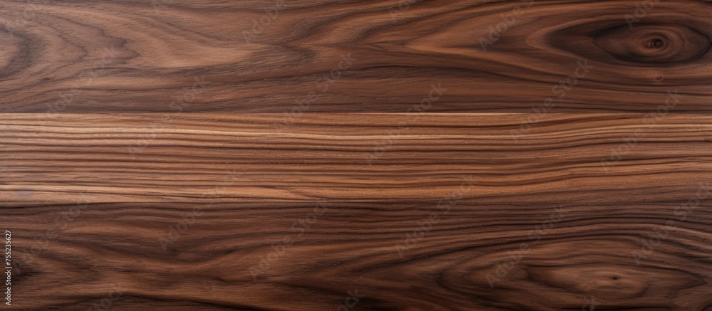 Fototapeta premium This close up view showcases the natural wood pattern and texture of dark brown walnut wood. The intricate details of the wood grain are visible, perfect for furniture making or parquet flooring.