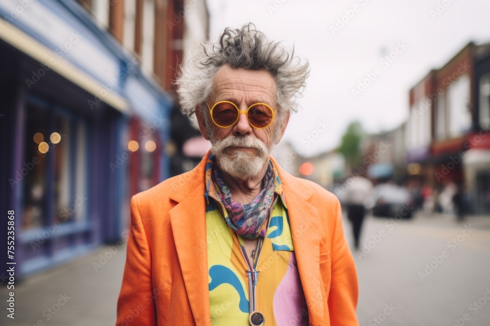 Handsome senior tourist man with long gray hair, wearing orange jacket and sunglasses, walking in the city.