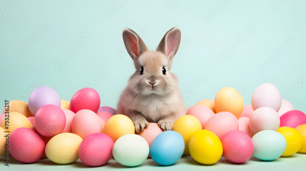 A cute rabbit sits amidst a vibrant collection of pastel-colored Easter eggs against a soft turquoise background, symbolizing spring and festivity