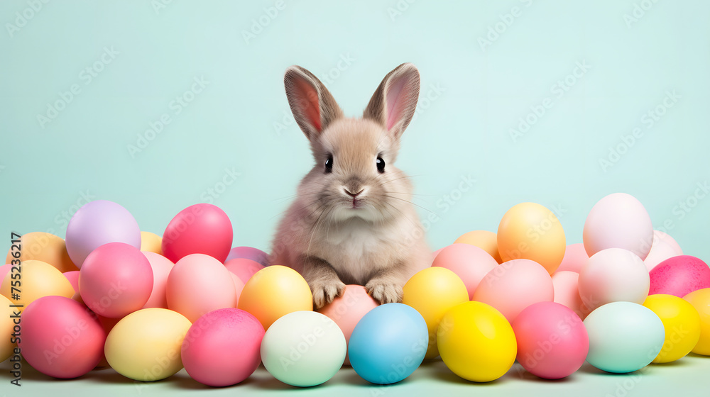 A cute rabbit sits amidst a vibrant collection of pastel-colored Easter eggs against a soft turquoise background, symbolizing spring and festivity A cute rabbit sits amidst a vibrant collection of pastel-colored Easter eggs against a soft turquoise background, symbolizing spring and festivity