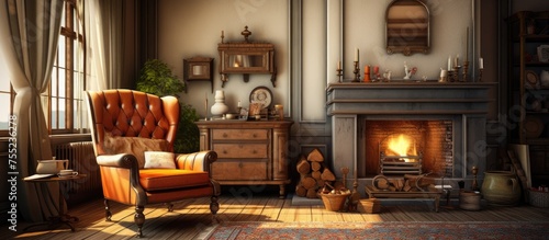 A vintage living room is filled with furniture  including a retro-style armchair  table  and mirror. A cozy fireplace adds warmth to the room  creating a comfortable and inviting atmosphere.