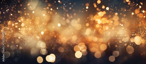 A blurred view of sparkling gold lights shining against a dark black backdrop, resembling the twinkling stars on a bokeh background or sparks of a bonfire night.