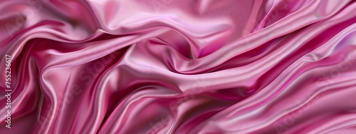 A detailed shot of a vibrant magenta satin fabric  showcasing its intricate pattern and luxurious texture. The liquidlike sheen of the fabric reflects shades of purple  pink  violet  and peach