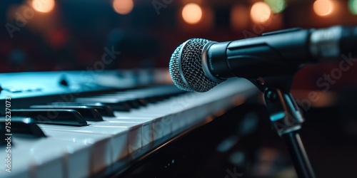 A classic black microphone and piano, photo