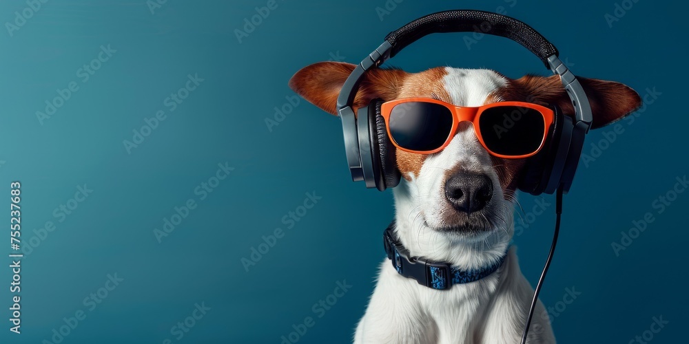 A stylish dog wearing headphones sits calmly on clean background, enjoying some music. A stylish dog wearing headphones sits calmly on clean background, enjoying some music.