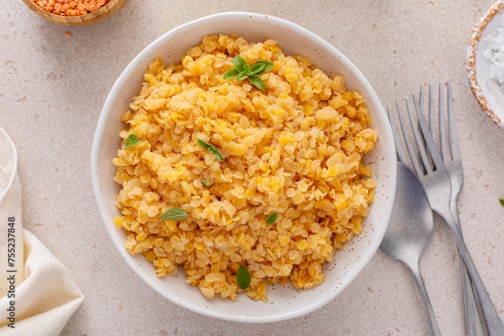 Cooked red lentils in a bowl, healthy vegan protein source Cooked red lentils in a bowl, healthy vegan protein source