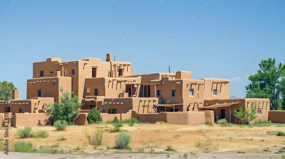 Pueblo-style adobe house, reflecting the traditional architecture of Native American communities in the Southwestern United States. Multi-story house made of adobe bricks, with flat roofs 