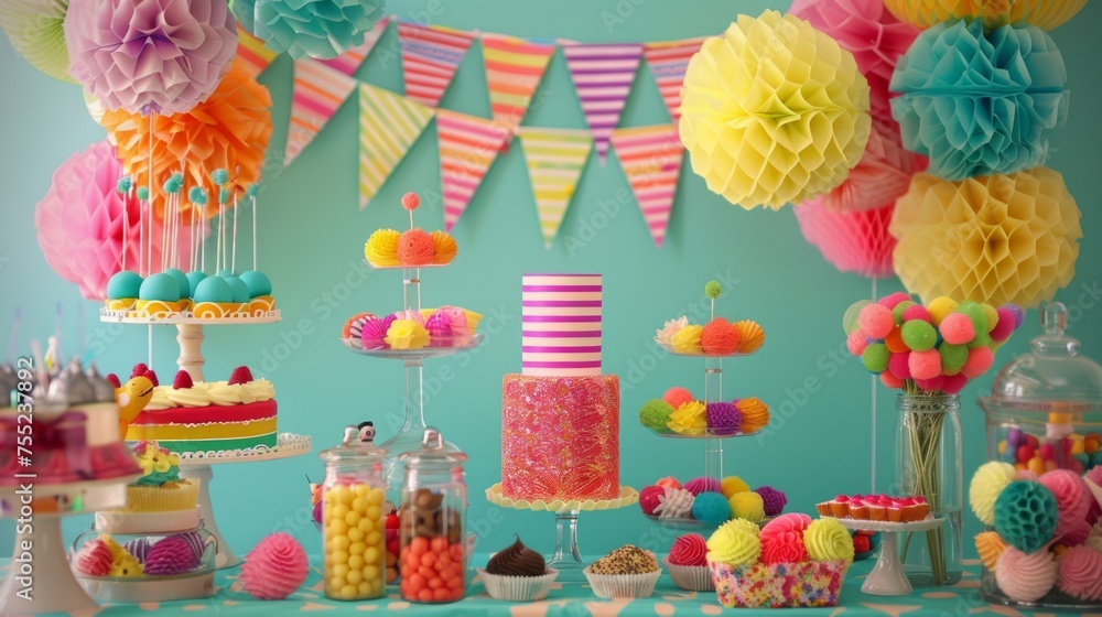 Vibrant birthday party decorations featuring party hats, banners, and pom-poms.