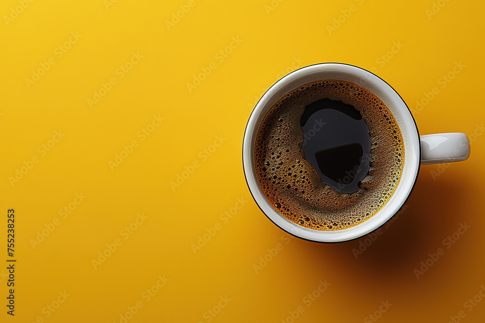 Top view image of coffe cup on wooden yellow background. Flat lay. Copy space - obrazy, fototapety, plakaty 
