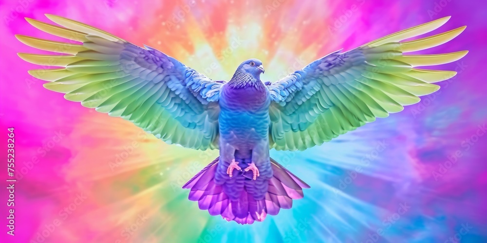 A colorful majestic bird soars through the air, wings outstretched and feathers glistening in the sunlight. - obrazy, fototapety, plakaty 