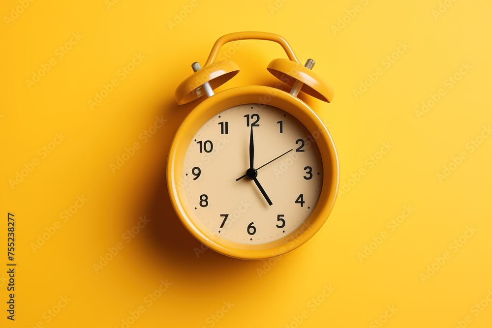 Top view of the yellow alarm clock on the yellow background with a free space for text. Top view of the yellow alarm clock on the yellow background with a free space for text.