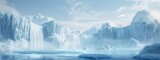 An icy natural landscape painting featuring snowcovered mountains, a frozen waterfall, and a polar ice cap under a cloudy sky. Perfect for travel enthusiasts