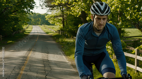 A man in a blue cycling outfit and helmet rides a road bike on a sunny treelined country road