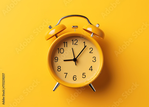 Top view of the yellow alarm clock on the yellow background with a free space for text.