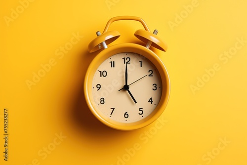 Top view of the yellow alarm clock on the yellow background with a free space for text.