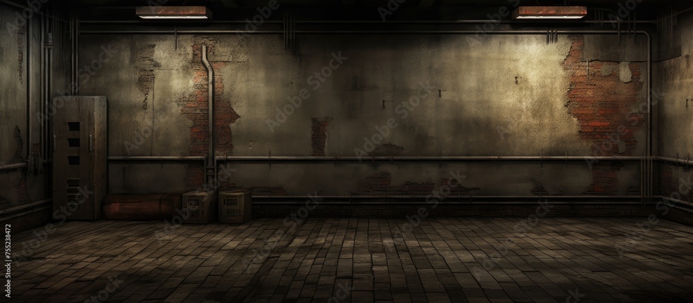 An empty grunge room with a dimly lit interior features a brick floor, adding to the worn and industrial atmosphere of the space. - obrazy, fototapety, plakaty 
