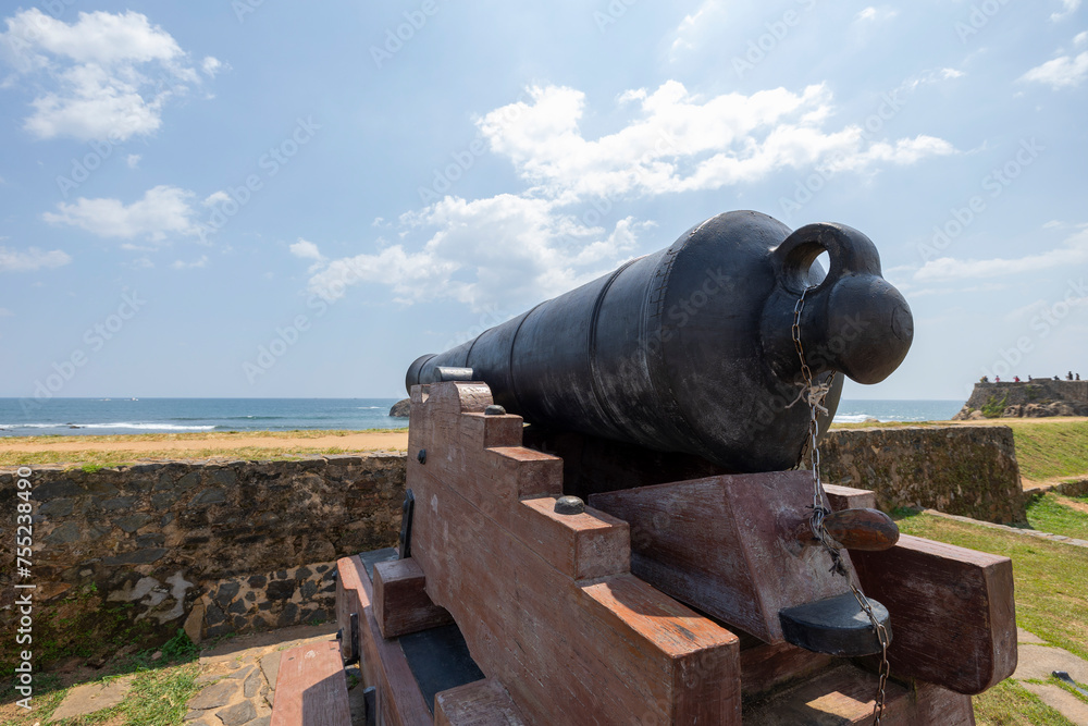 Old colonial artillery cannons on bastion along the coast line of Galle, Southern Province of Sri Lanka