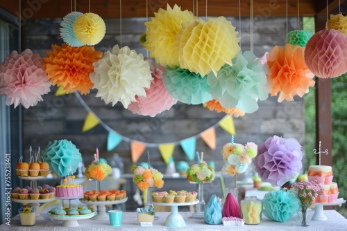 Cheerful birthday party decorations, showcasing the vibrancy of elements like party hats, banners, and pom-poms. photo