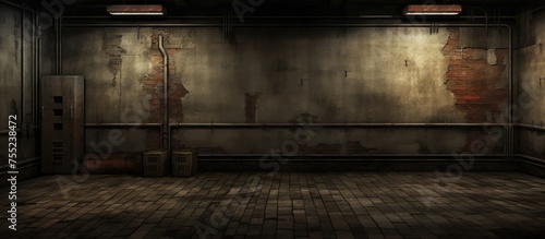 An empty grunge room with a dimly lit interior features a brick floor, adding to the worn and industrial atmosphere of the space. photo