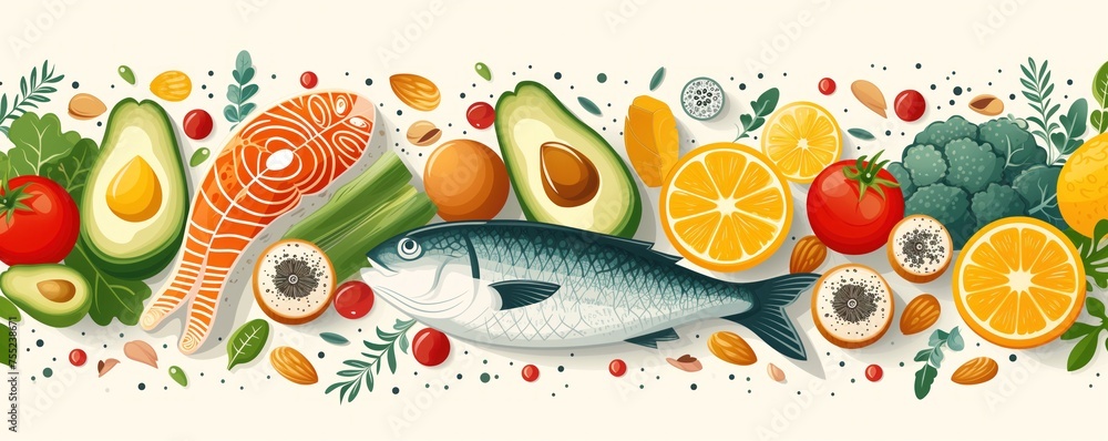 Healthy nutrition concept. Products containing unsaturated fats omega 3, omega 6: fatty sea fish, nuts, seeds, avacado, eggs, greens. Banner on white background - obrazy, fototapety, plakaty 