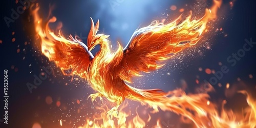 A mythical fire bird with fiery plumage gracefully flies through the air, its wings spread wide in a display of power and beauty. © YuDwi Studio
