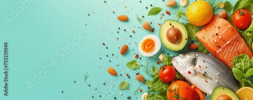 Sources of unsaturated fats omega 3, omega 6, protein and vitamins: red fish, vomer, avacado, eggs, nuts, tomatoes, herbs and spices. The concept of proper nutrition. Banner with space for text