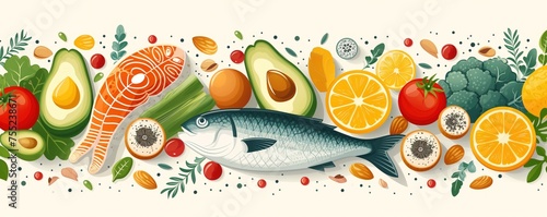 Healthy nutrition concept. Products containing unsaturated fats omega 3, omega 6: fatty sea fish, nuts, seeds, avacado, eggs, greens. Banner on white background